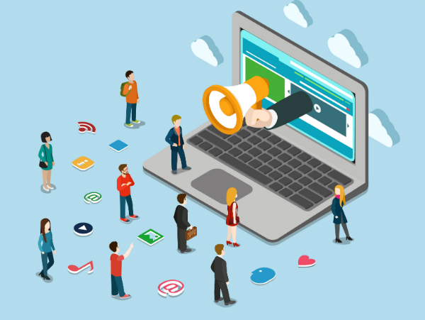 digital graphic of small people standing on and around a giant laptop