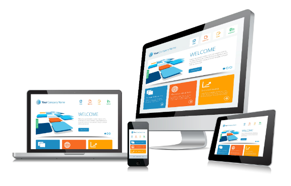 website homepage template on a laptop, desktop, ipad, and smart phone