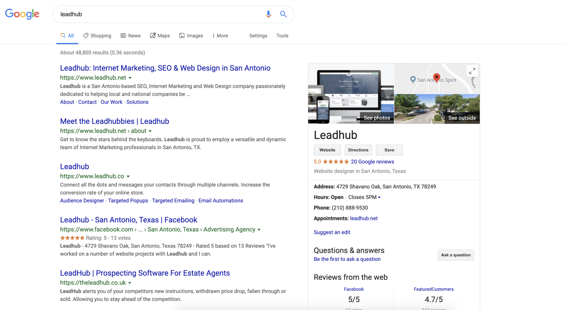screenshot example of a company's google business profile on the search results page