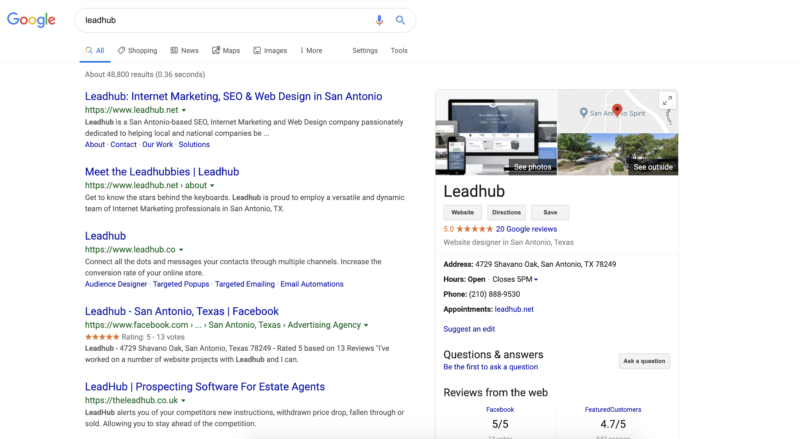 screenshot example of a company's google business profile on the search results page