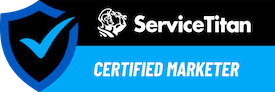 horizontal blue and black service titan certified marketer logo