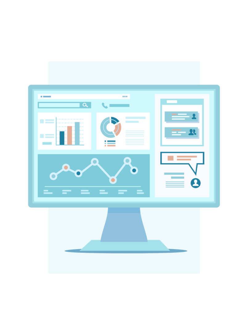 light blue graphic of a computer with lots of charts and data